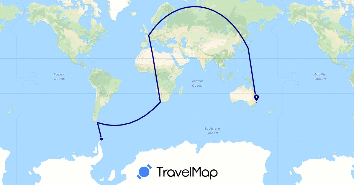 TravelMap itinerary: driving in Argentina, Australia, France, Japan, South Africa (Africa, Asia, Europe, Oceania, South America)